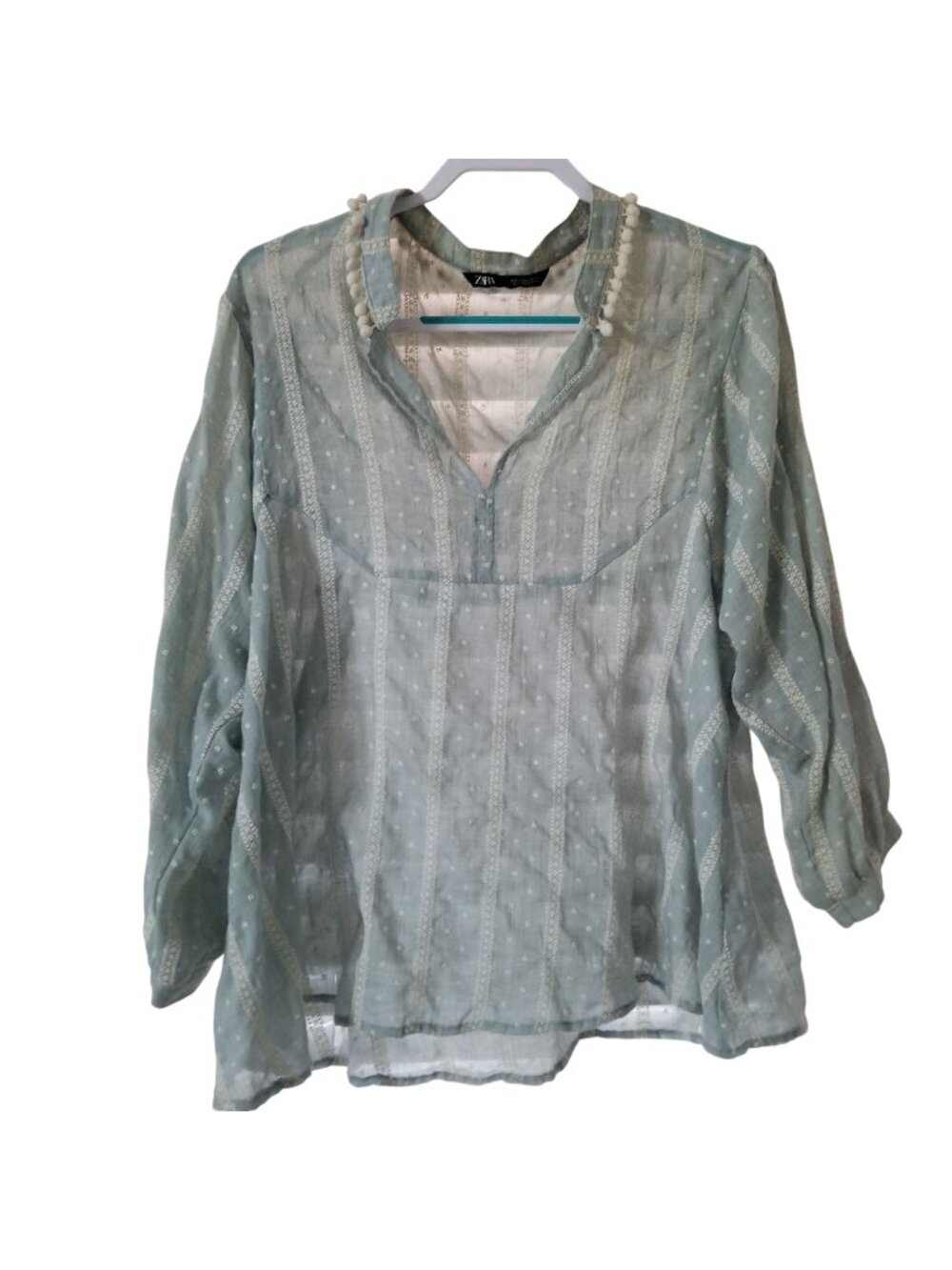 Zara Sheer Blue Embroidered Boho Blouse Womens Medium Long Sleeves Lace Details